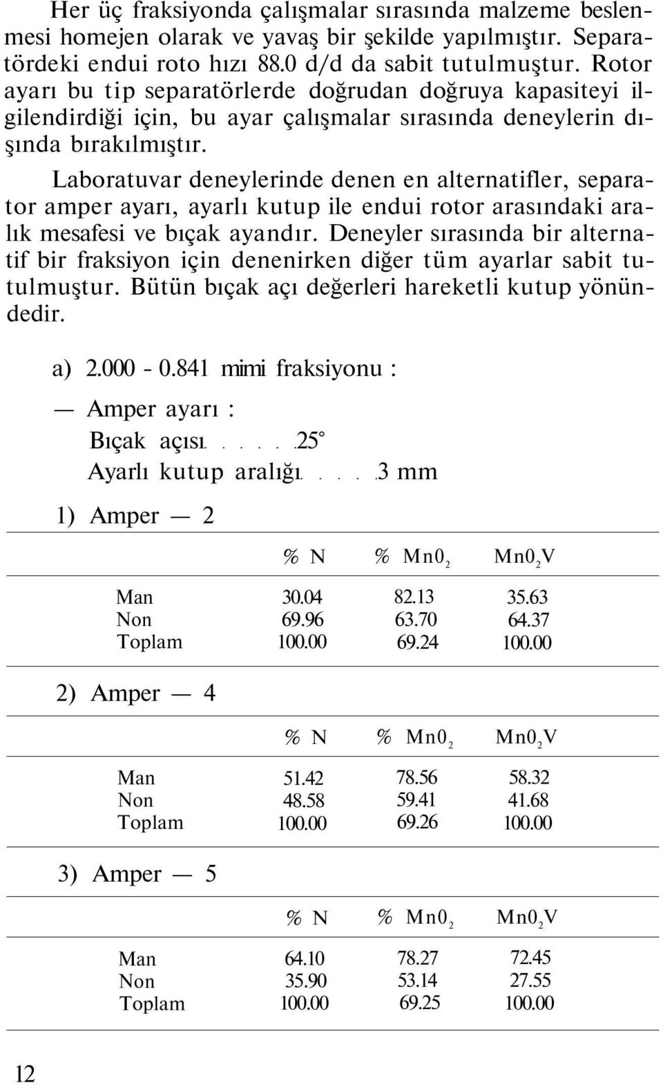 Laboratuvar deneylerinde denen en alternatifler, separator amper ayarı, ayarlı kutup ile endui rotor arasındaki aralık mesafesi ve bıçak ayandır.