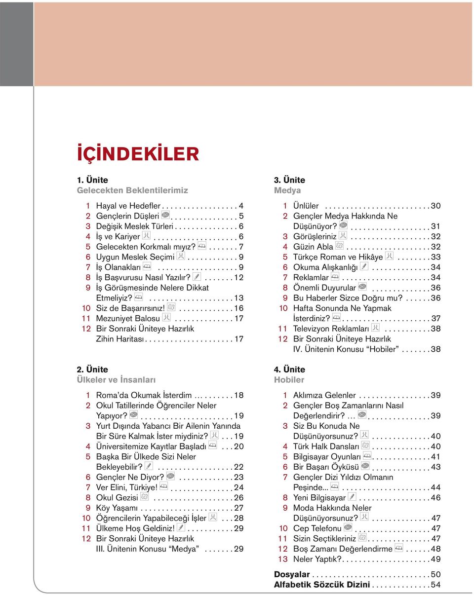 ..17 1 Bir Sonraki Üniteye Hazırlık Zihin Haritası...17. Ünite Ülkeler ve İnsanları 1 Roma da Okumak İsterdim.... 18 Okul Tatillerinde Öğrenciler Neler Yapıyor?