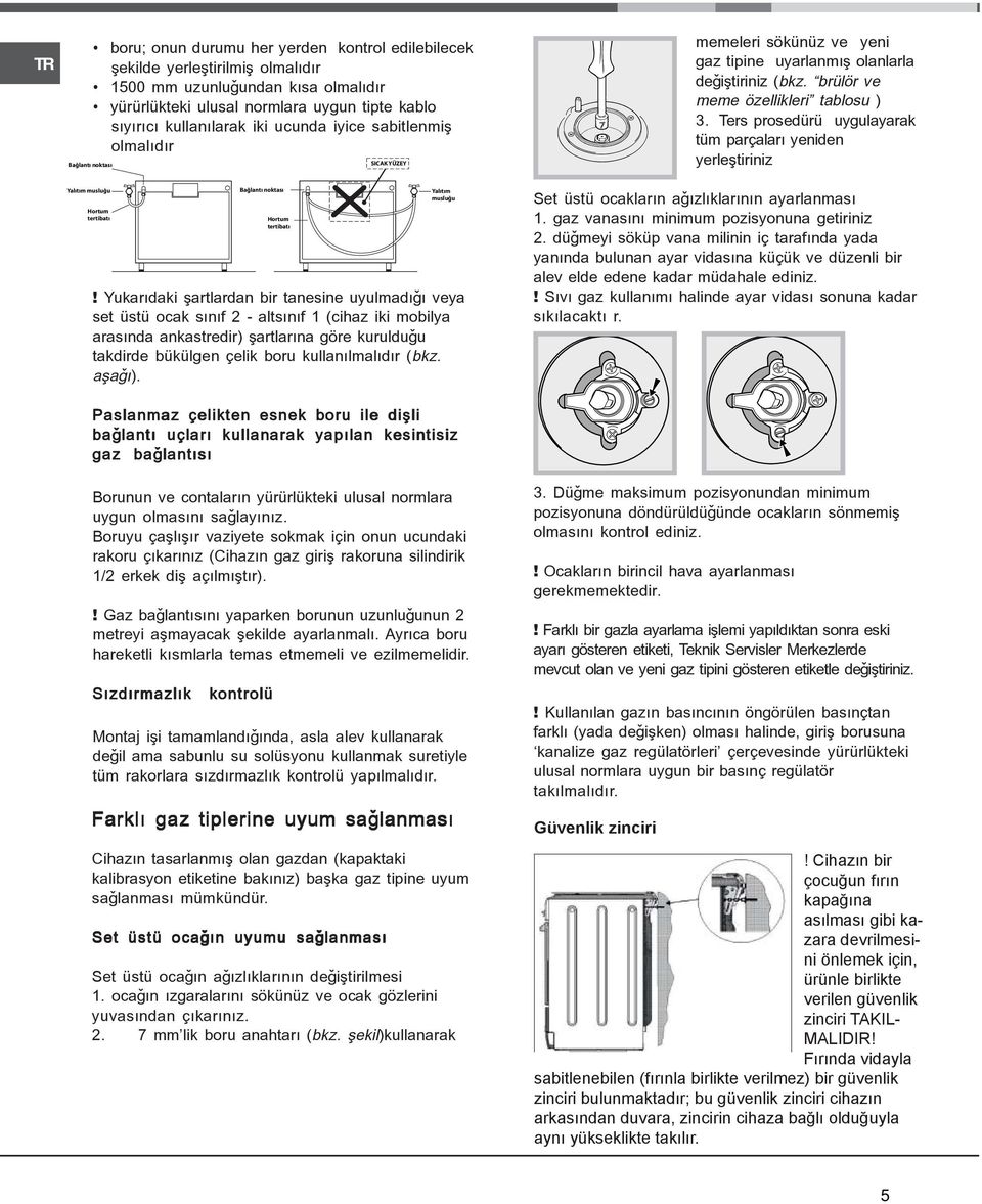 Yukarýdaki þartlardan bir tanesine uyulmadýðý veya set üstü ocak sýnýf 2 altsýnýf 1 (cihaz iki mobilya arasýnda ankastredir) þartlarýna göre kurulduðu takdirde bükülgen çelik boru kullanýlmalýdýr