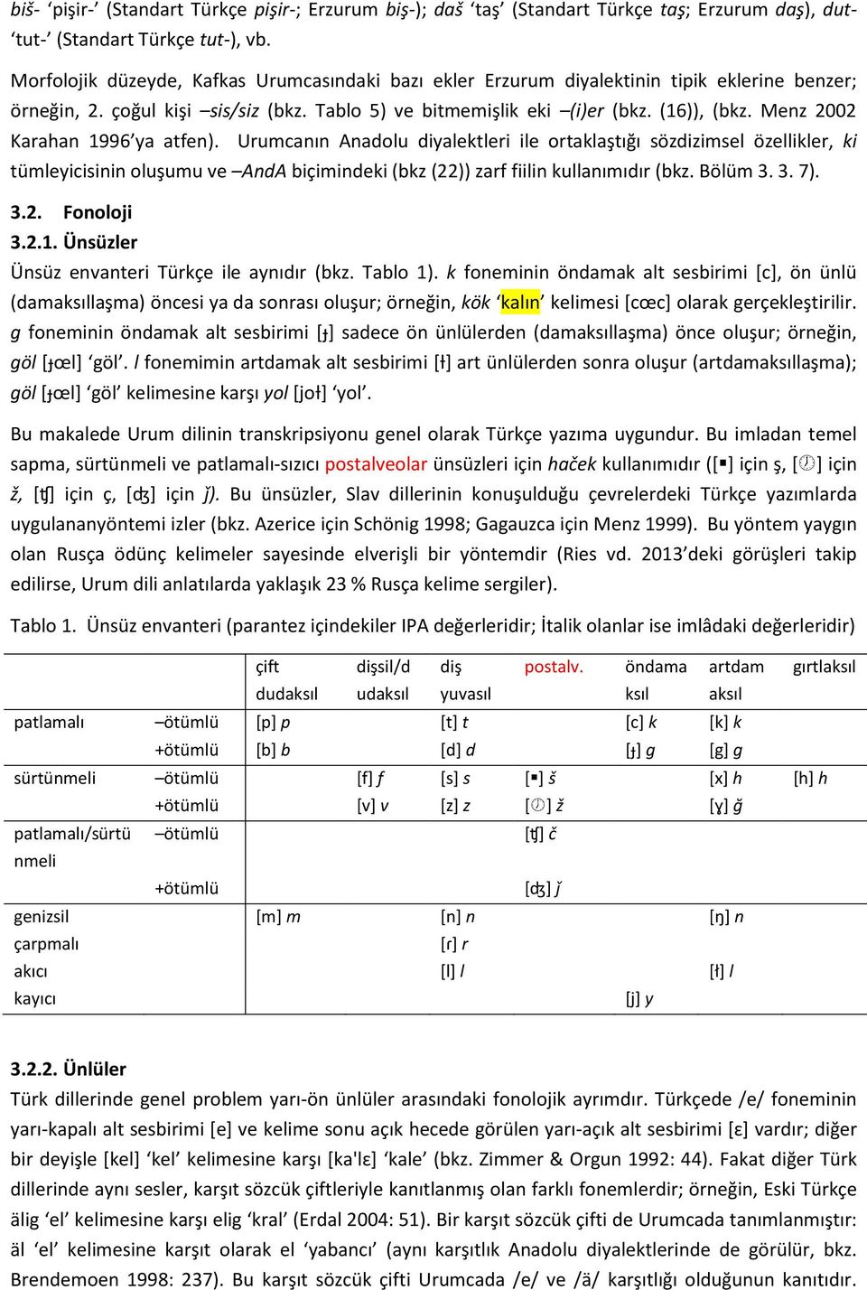 Menz 2002 Karahan 1996 ya atfen). Urumcanın Anadolu diyalektleri ile ortaklaştığı sözdizimsel özellikler, ki tümleyicisinin oluşumu ve AndA biçimindeki (bkz (22)) zarf fiilin kullanımıdır (bkz.