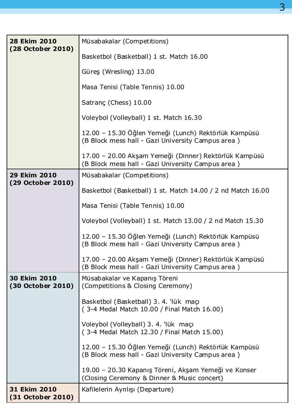 30 12.00 15.30 Öðlen Yemeði (Lunch) Rektörlük Kampüsü 17.00 20.00 Akþam Yemeði (Dinner) Rektörlük Kampüsü Müsabakalar (Competitions) Basketbol (Basketball) 1 st. Match 14.00 / 2 nd Match 16.