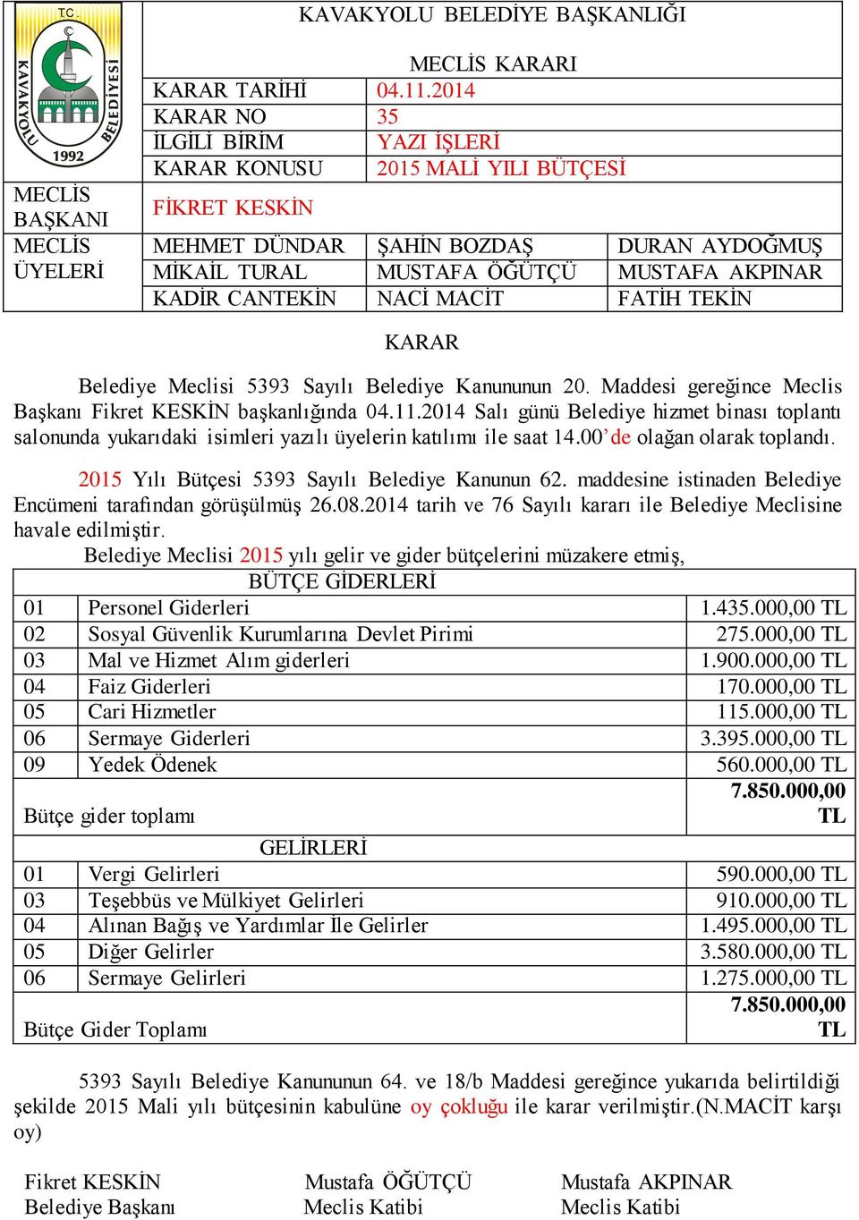 000,00 TL 02 Sosyal Güvenlik Kurumlarına Devlet Pirimi 275.000,00 TL 03 Mal ve Hizmet Alım giderleri 1.900.000,00 TL 04 Faiz Giderleri 170.000,00 TL 05 Cari Hizmetler 115.