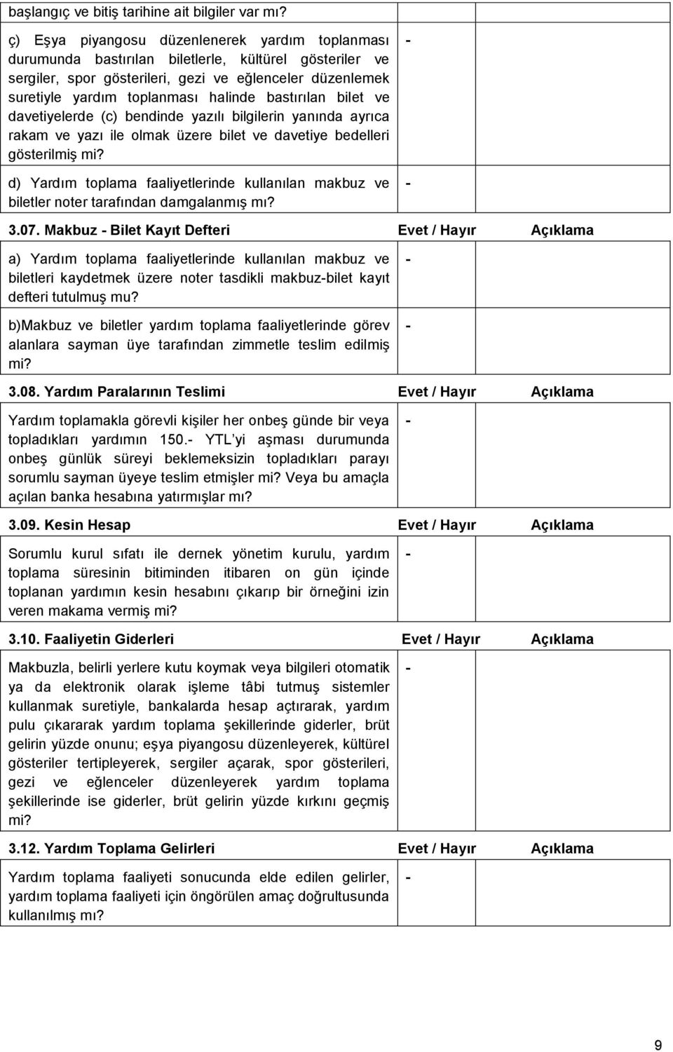 bastırılan bilet ve davetiyelerde (c) bendinde yazılı bilgilerin yanında ayrıca rakam ve yazı ile olmak üzere bilet ve davetiye bedelleri gösterilmiş d) Yardım toplama faaliyetlerinde kullanılan