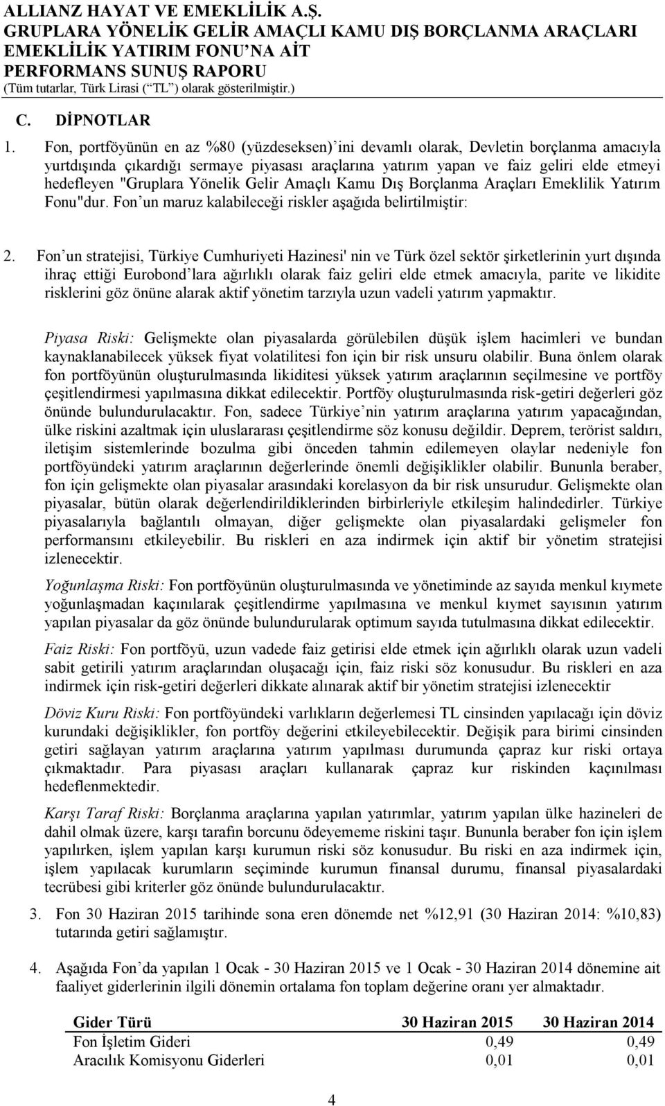 "Gruplara Yönelik Gelir Amaçlı Kamu Dış Borçlanma Araçları Emeklilik Yatırım Fonu"dur. Fon un maruz kalabileceği riskler aşağıda belirtilmiştir: 2.