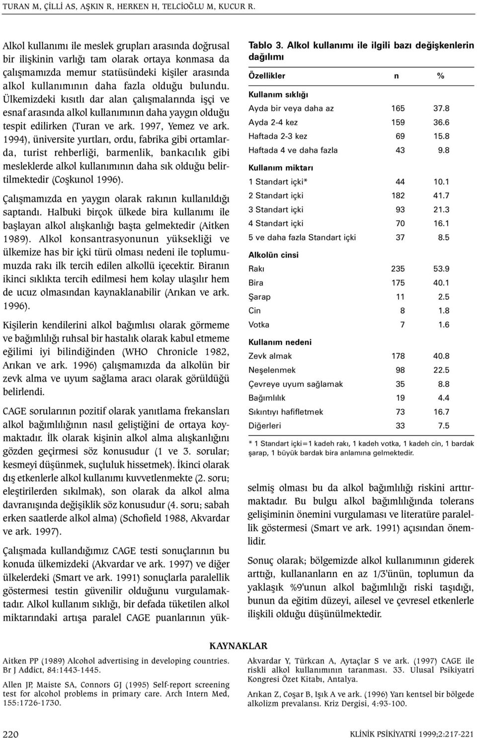 Ülkemizdeki kýsýtlý dar alan çalýþmalarýnda iþçi ve esnaf arasýnda alkol kullanýmýnýn daha yaygýn olduðu tespit edilirken (Turan ve ark. 1997, Yemez ve ark.