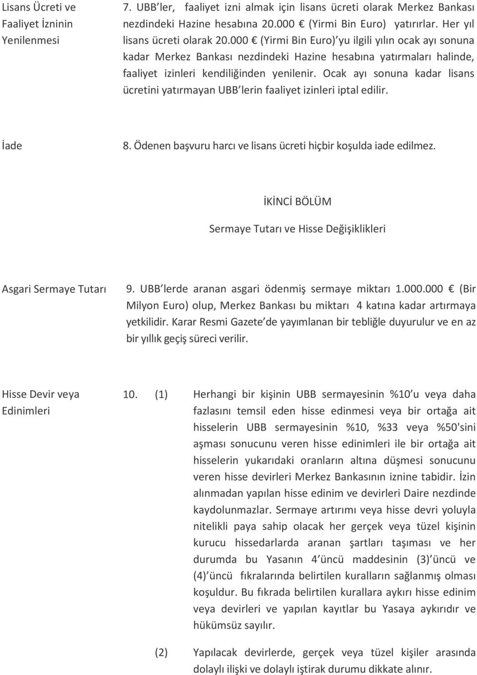 Ocak ayı sonuna kadar lisans ücretini yatırmayan UBB lerin faaliyet izinleri iptal edilir. İade 8. Ödenen başvuru harcı ve lisans ücreti hiçbir koşulda iade edilmez.