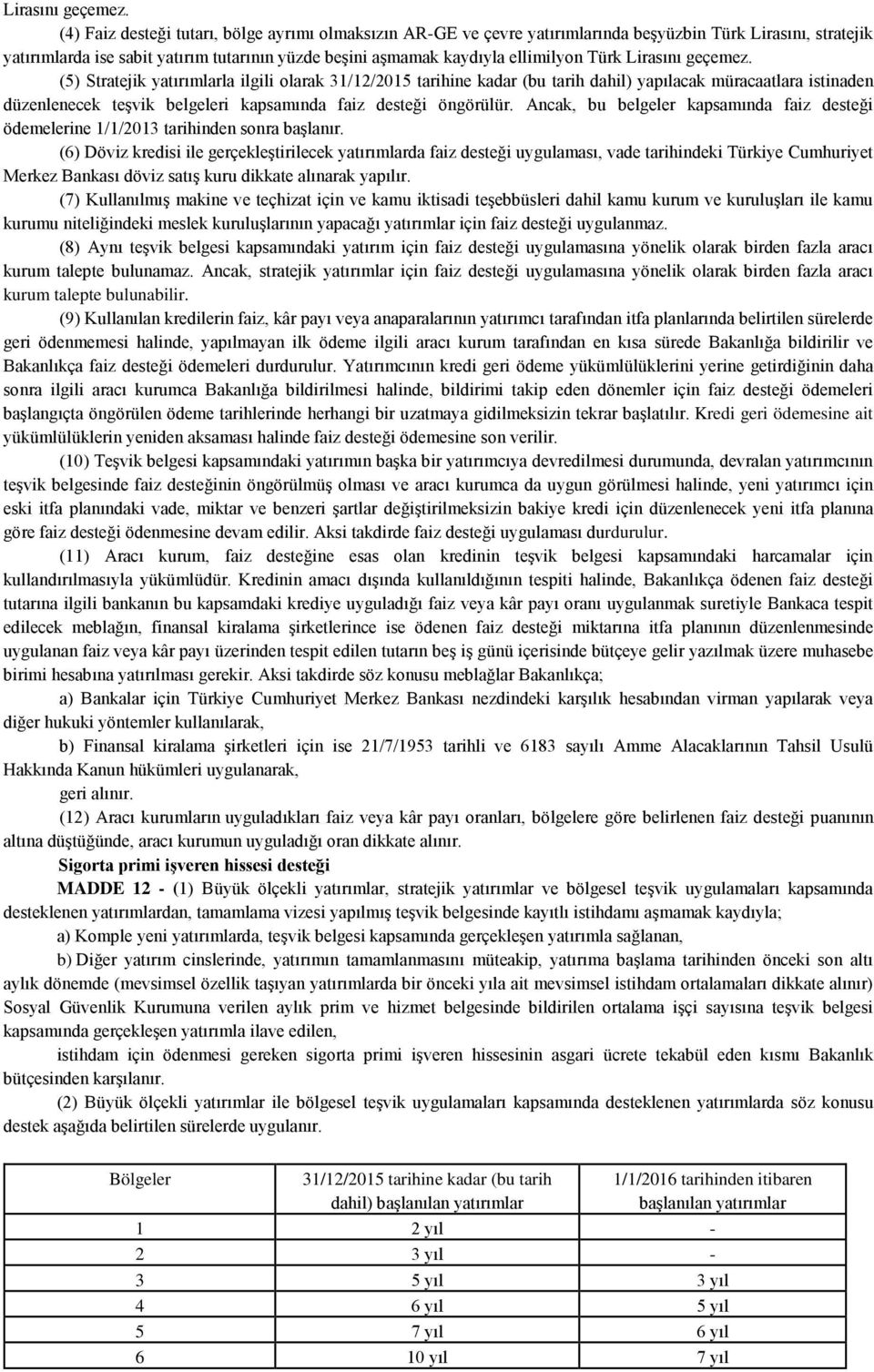 Türk  (5) Stratejik yatırımlarla ilgili olarak 31/12/2015 tarihine kadar (bu tarih dahil) yapılacak müracaatlara istinaden düzenlenecek teşvik belgeleri kapsamında faiz desteği öngörülür.