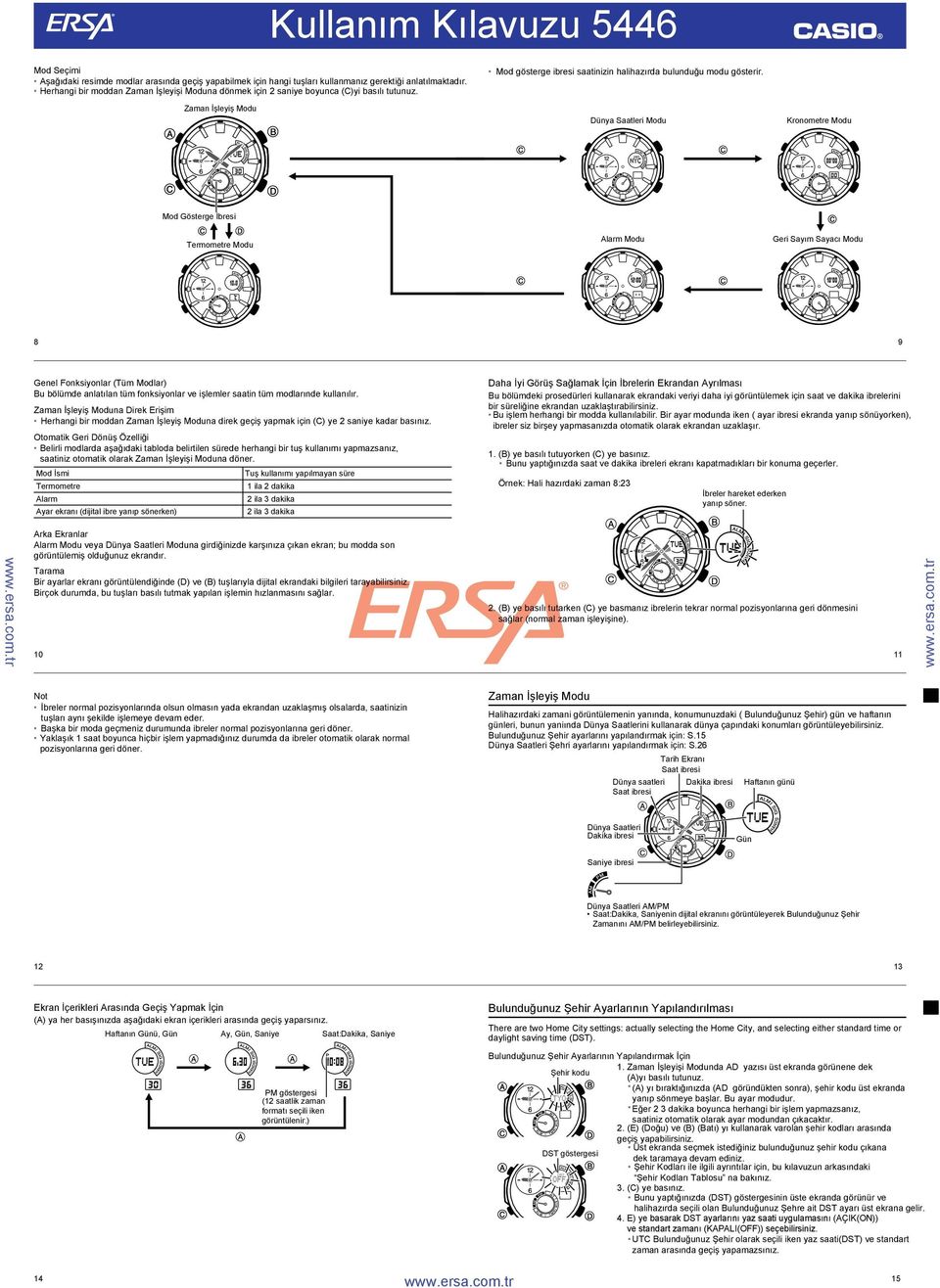 Dünya Saateri Modu Kronometre Modu Mod Gösterge İbresi Termometre Modu Aarm Modu Geri Sayım Sayacı Modu 8 9 Gene Fonksiyonar (Tüm Modar) Bu böümde anatıan tüm fonksiyonar ve işemer saatin tüm