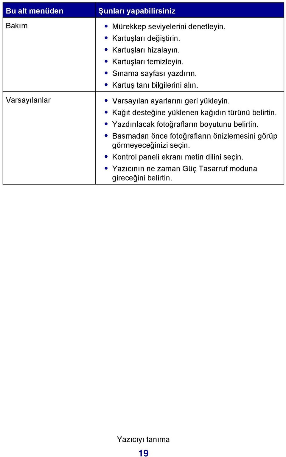 Varsayılan ayarlarını geri yükleyin. Kağıt desteğine yüklenen kağıdın türünü belirtin. Yazdırılacak fotoğrafların boyutunu belirtin.