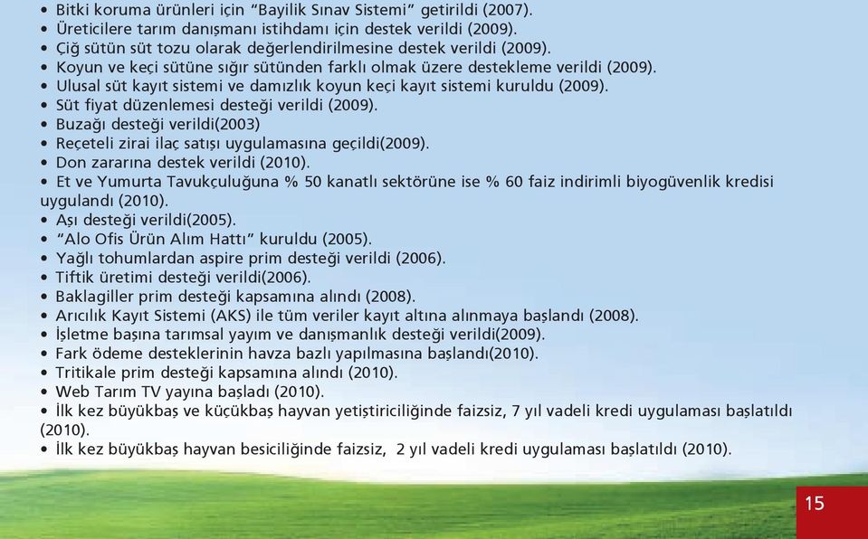 Ulusal süt kayıt sistemi ve damızlık koyun keçi kayıt sistemi kuruldu (2009). Süt fiyat düzenlemesi desteği verildi (2009).