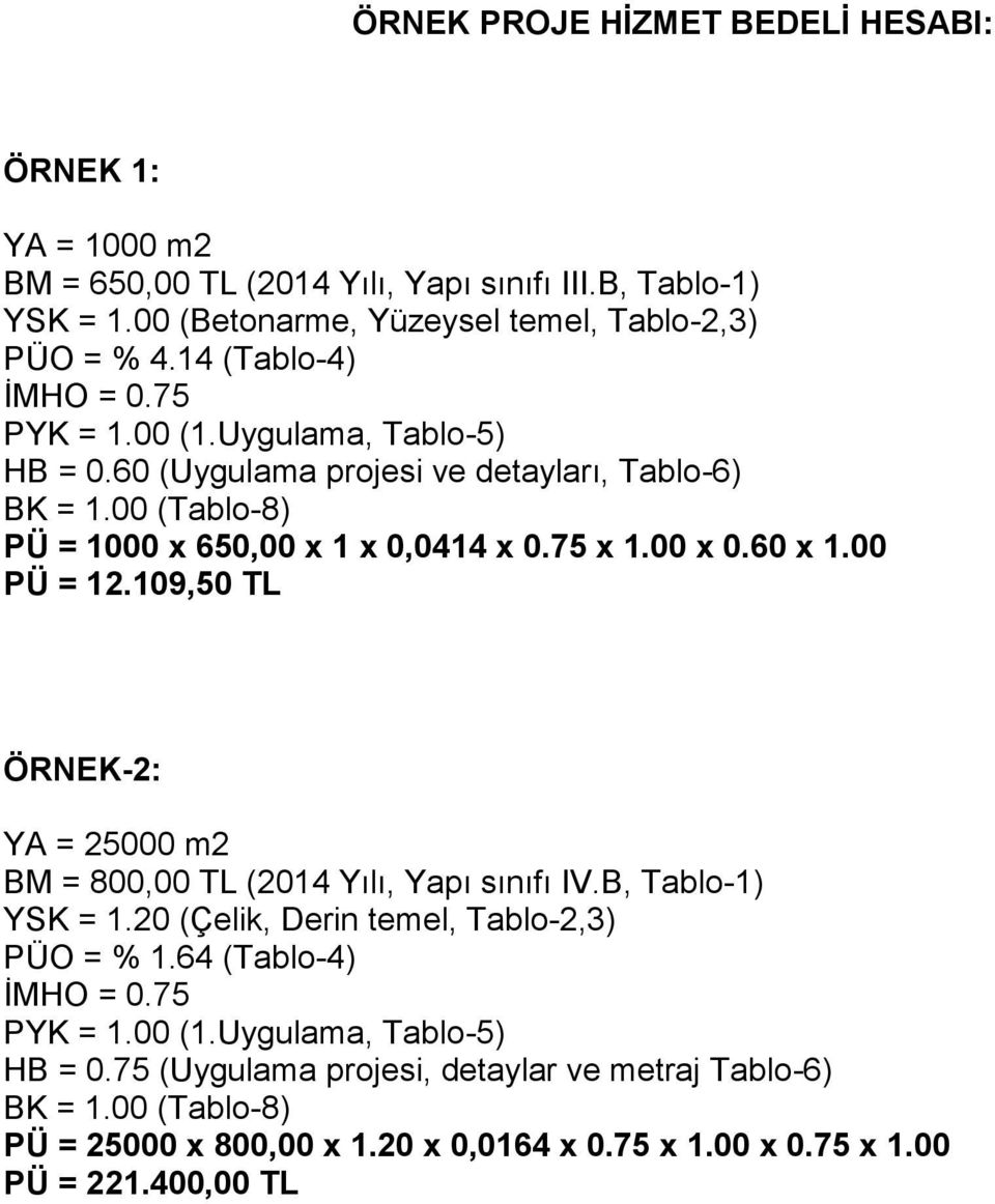 60 x 1.00 PÜ = 12.109,50 TL ÖRNEK-2: YA = 25000 m2 BM = 800,00 TL (2014 Yılı, Yapı sınıfı IV.B, Tablo-1) YSK = 1.20 (Çelik, Derin temel, Tablo-2,3) PÜO = % 1.64 (Tablo-4) İMHO = 0.