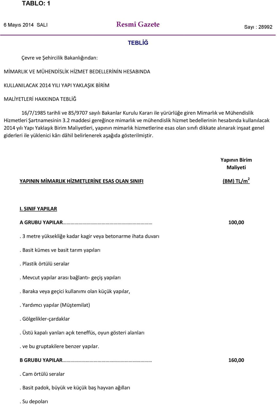 2 maddesi gereğince mimarlık ve mühendislik hizmet bedellerinin hesabında kullanılacak 2014 yılı Yapı Yaklaşık Birim Maliyetleri, yapının mimarlık hizmetlerine esas olan sınıfı dikkate alınarak