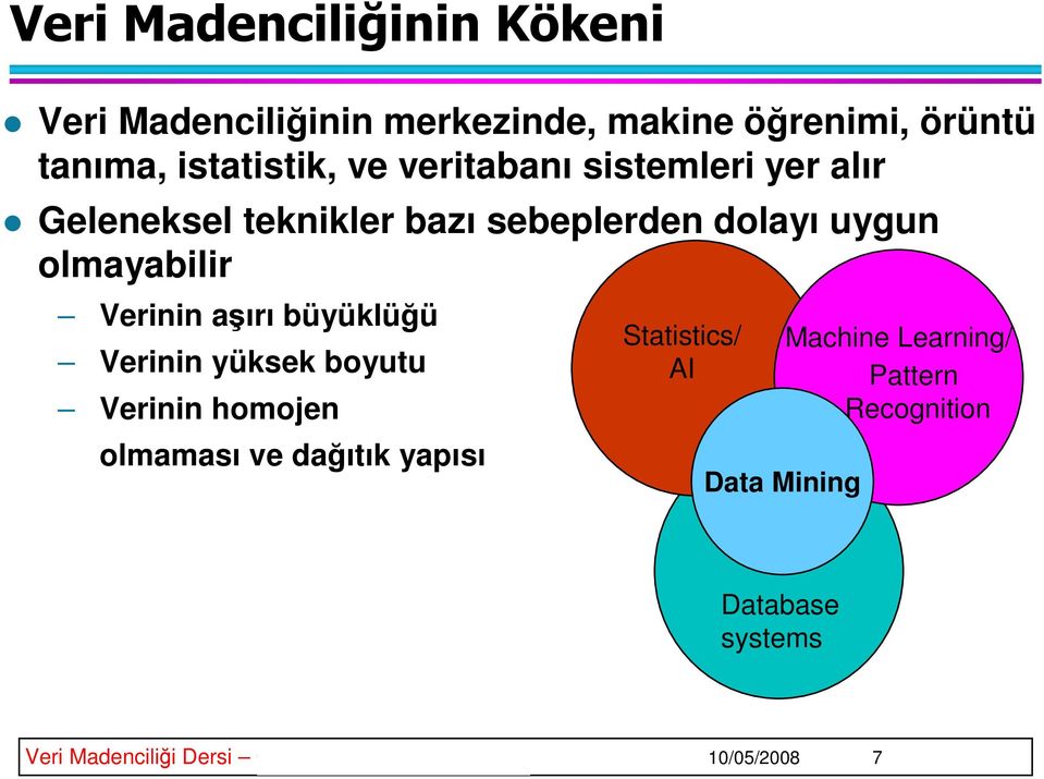 Verinin yüksek boyutu Verinin homojen olmaması ve daıtık yapısı Statistics/ AI Data Mining Machine