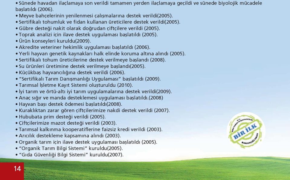 Ürün konseyleri kuruldu(2009). Akredite veteriner hekimlik uygulaması başlatıldı (2006). Yerli hayvan genetik kaynakları halk elinde koruma altına alındı (2005).