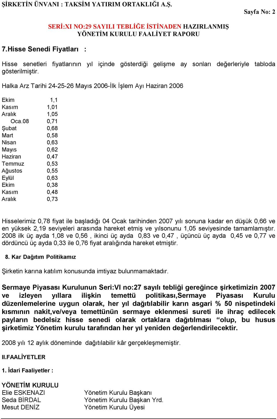 08 0,71 Şubat 0,68 Mart 0,58 Nisan 0,63 Mayıs 0,62 Haziran 0,47 Temmuz 0,53 Ağustos 0,55 Eylül 0,63 Ekim 0,38 Kasım 0,48 Aralık 0,73 Hisselerimiz 0,78 fiyat ile başladığı 04 Ocak tarihinden 2007 yılı