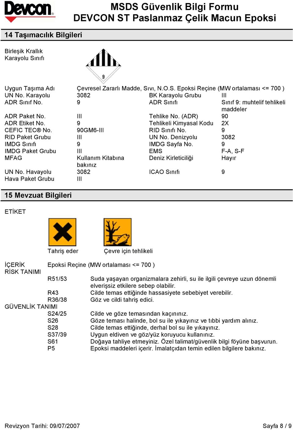 90GM6-III RID Sınıfı No. 9 RID Paket Grubu III UN No. Denizyolu 3082 IMDG Sınıfı 9 IMDG Sayfa No. 9 IMDG Paket Grubu III EMS F-A, S-F MFAG Kullanım Kitabına Deniz Kirleticiliği Hayır bakınız UN No.