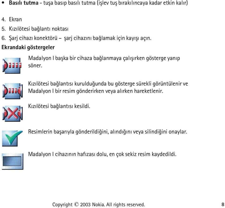 Kýzýlötesi baðlantýsý kurulduðunda bu gösterge sürekli görüntülenir ve Madalyon I bir resim gönderirken veya alýrken hareketlenir.