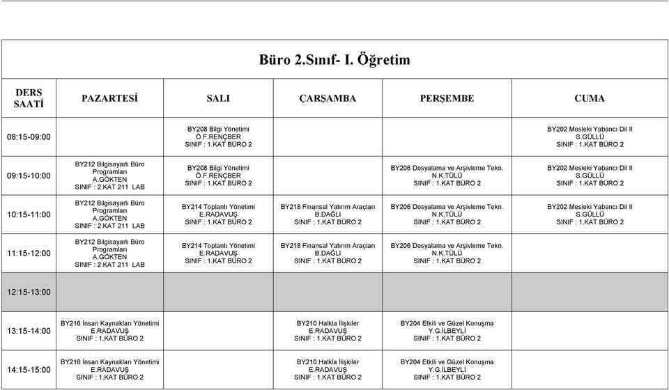 BY202 Mesleki Yabancı Dil II BY212 Bilgisayarlı Büro Programları BY214 Toplantı Yönetimi BY218 Finansal Yatırım Araçları BY206 Dosyalama ve Arşivleme Tekn.