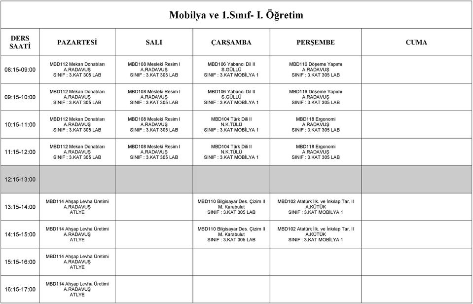 KAT MOBİLYA 1 MBD116 Döşeme Yapımı MBD112 Mekan Donatıları MBD108 Mesleki Resim I MBD104 Türk Dili II SINIF : 3.