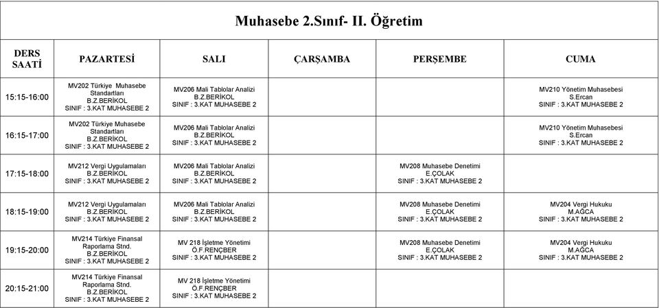 Tablolar Analizi MV210 Yönetim Muhasebesi 17:15-18:00 MV212 Vergi Uygulamaları MV206 Mali Tablolar Analizi MV208 Muhasebe Denetimi 18:15-19:00 MV212