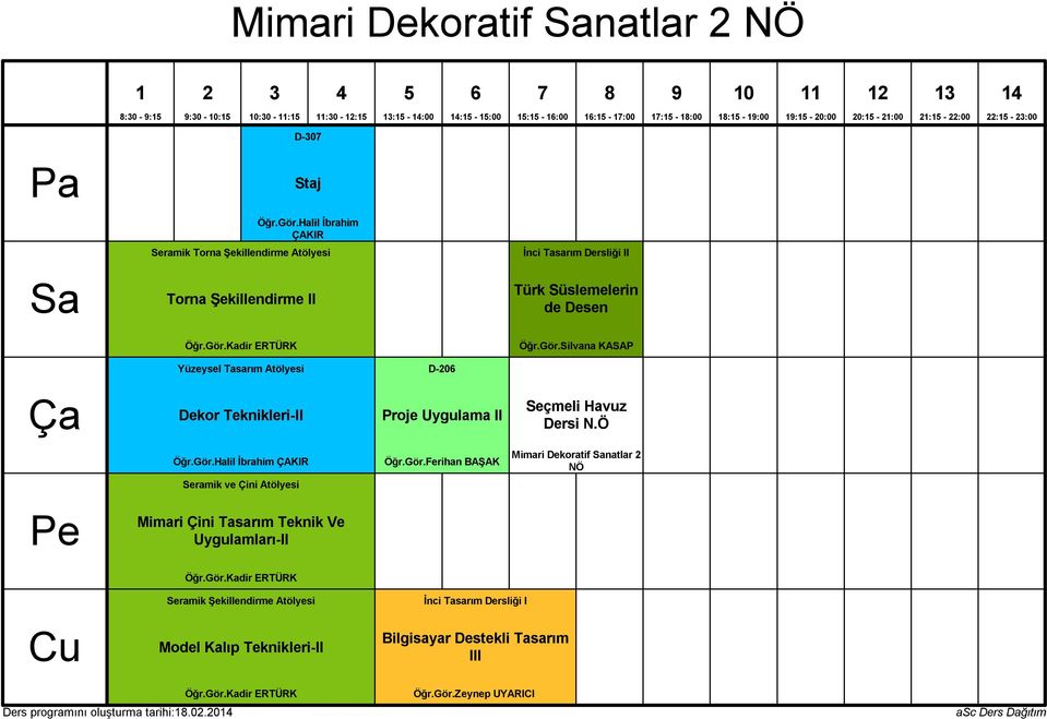 Gör.Silvana KASAP Yüzeysel Tasarım Atölyesi D-0 Dekor Teknikleri-II Proje Uygulama II Öğr.Gör.Halil İbrahim ÇAKIR Öğr.Gör.Ferihan BAŞAK Mimari Dekoratif natlar NÖ Seramik ve Çini Atölyesi Mimari Çini Tasarım Teknik Ve Uygulamları-II Öğr.