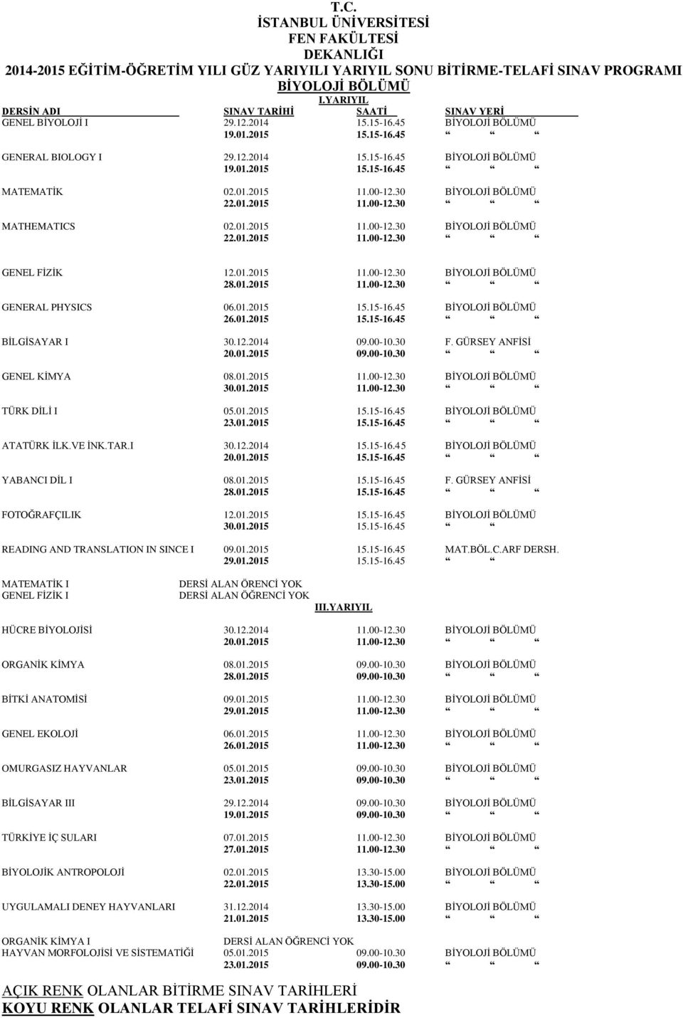 12.2014 09.00-10.30 F. GÜRSEY ANFİSİ 20.01.2015 09.00-10.30 GENEL KİMYA 08.01.2015 11.00-12.30 BİYOLOJİ BÖLÜMÜ 30.01.2015 11.00-12.30 TÜRK DİLİ I 05.01.2015 15.15-16.45 BİYOLOJİ BÖLÜMÜ 23.01.2015 15.15-16.45 ATATÜRK İLK.