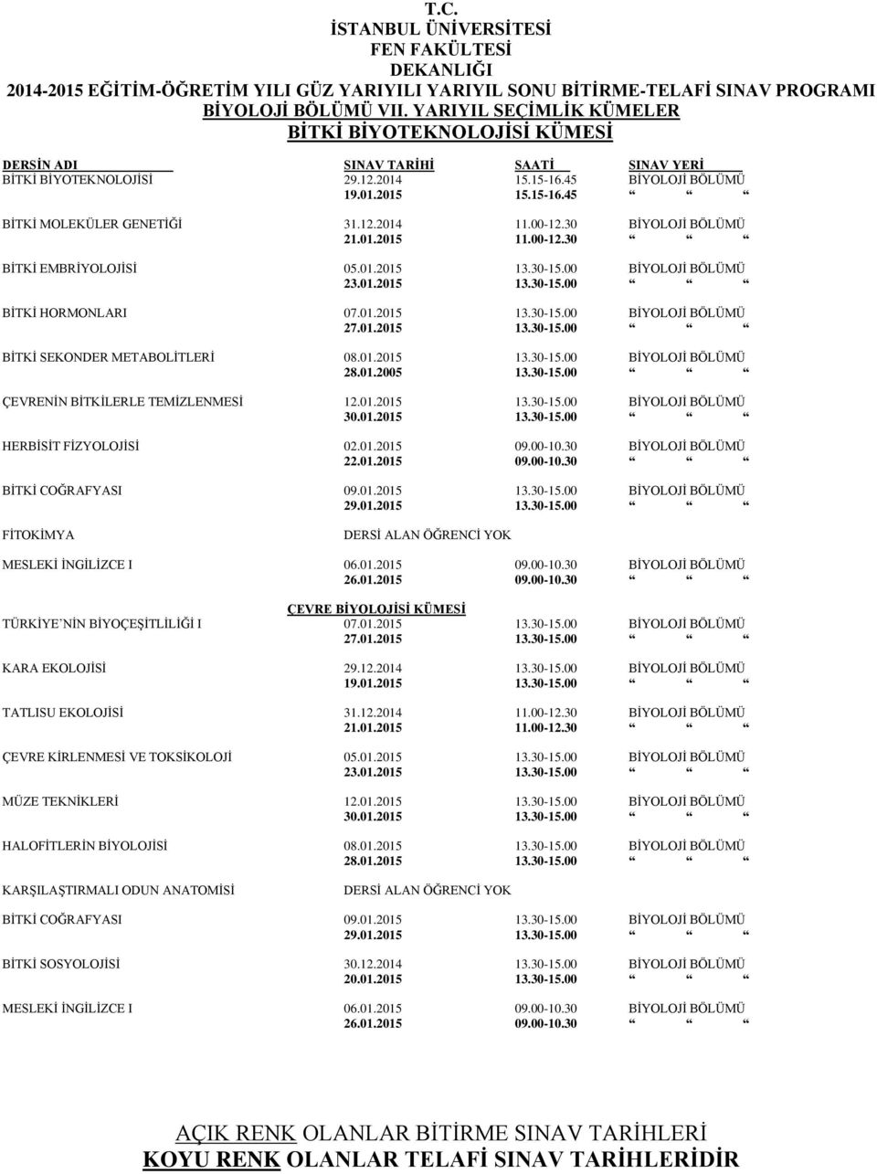 01.2015 13.30-15.00 BİYOLOJİ BÖLÜMÜ HERBİSİT FİZYOLOJİSİ 02.01.2015 09.00-10.30 BİYOLOJİ BÖLÜMÜ 22.01.2015 09.00-10.30 BİTKİ COĞRAFYASI 09.01.2015 13.30-15.00 BİYOLOJİ BÖLÜMÜ FİTOKİMYA ÇEVRE BİYOLOJİSİ KÜMESİ TÜRKİYE NİN BİYOÇEŞİTLİLİĞİ I 07.