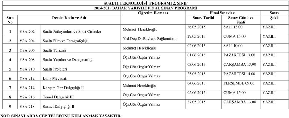 212 DalıĢ Mevzuatı 7 YSA 214 KarıĢım Gaz Dalgıçlığı II 8 YSA 216 Temel Dalgıçlık III 9 YSA 218 Sanayi Dalgıçlığı II NOT: SINAVLARDA CEP TELEFONU KULLANMAK YASAKTIR. Yrd.Doç.Dr.