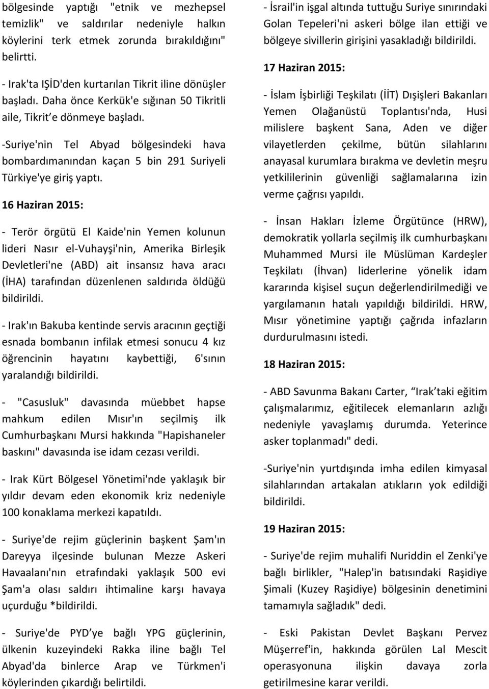 16 Haziran 2015: - Terör örgütü El Kaide'nin Yemen kolunun lideri Nasır el-vuhayşi'nin, Amerika Birleşik Devletleri'ne (ABD) ait insansız hava aracı (İHA) tarafından düzenlenen saldırıda öldüğü