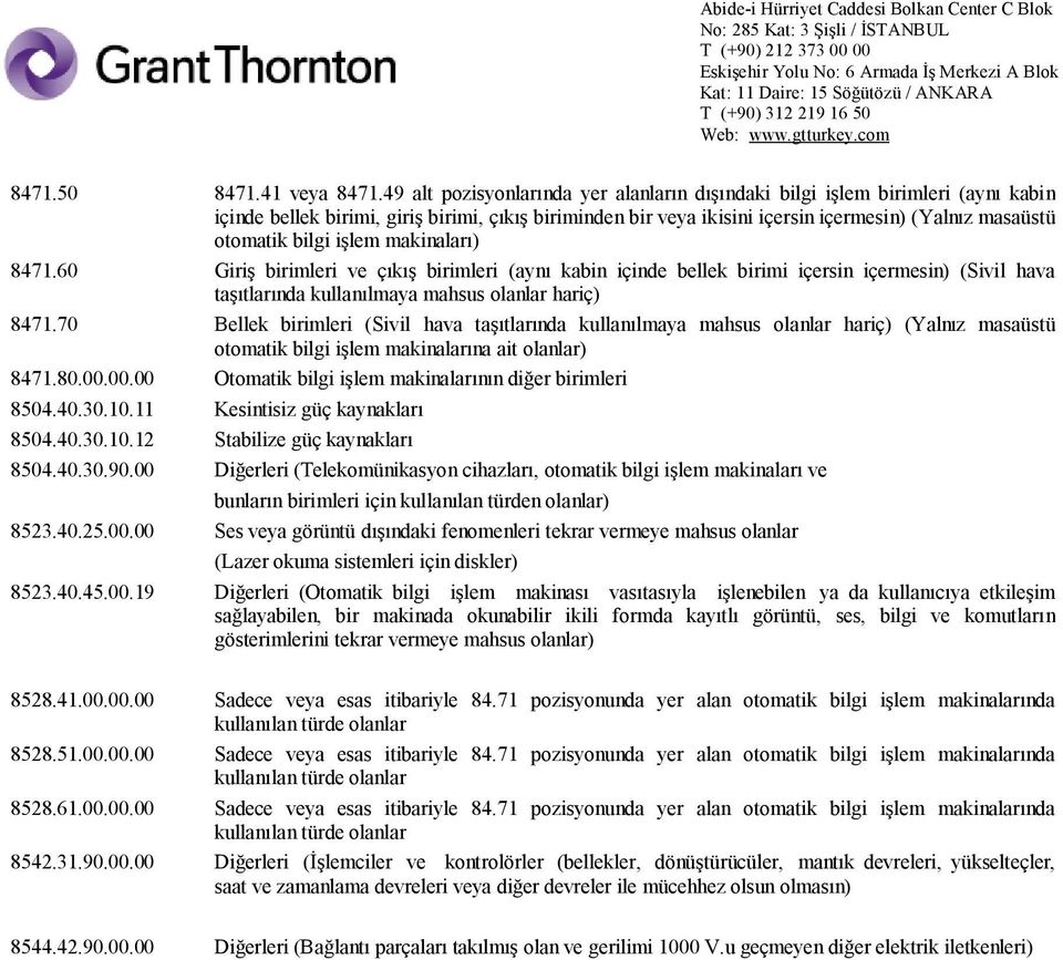 bilgi işlem makinaları) 8471.60 Giriş birimleri ve çıkış birimleri (aynı kabin içinde bellek birimi içersin içermesin) (Sivil hava taşıtlarında kullanılmaya mahsus olanlar hariç) 8471.