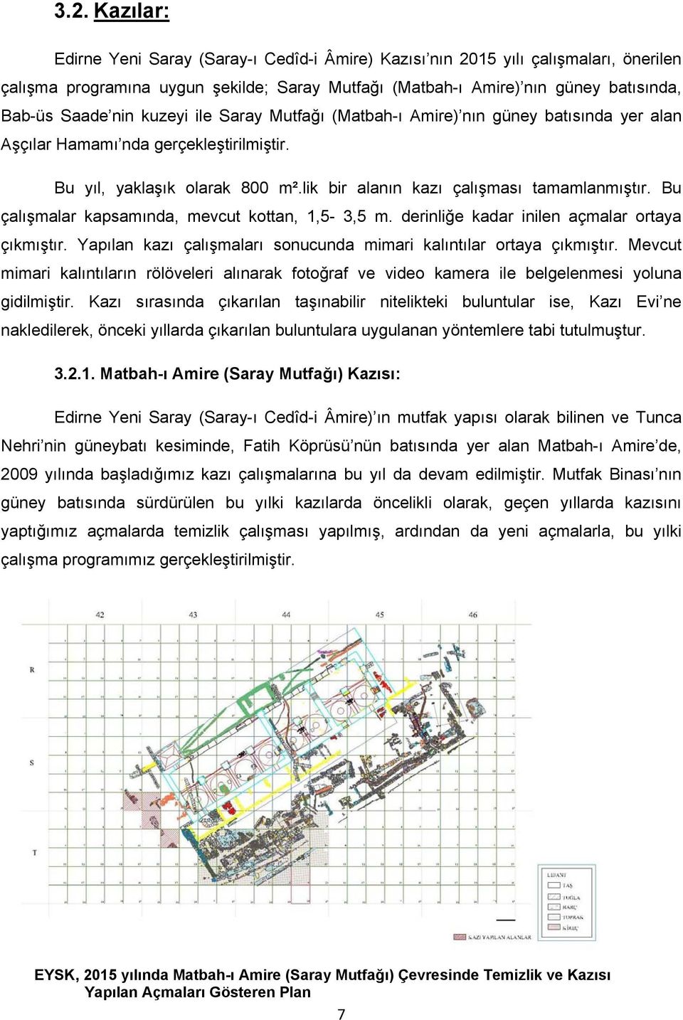 Bu çalışmalar kapsamında, mevcut kottan, 1,5-3,5 m. derinliğe kadar inilen açmalar ortaya çıkmıştır. Yapılan kazı çalışmaları sonucunda mimari kalıntılar ortaya çıkmıştır.