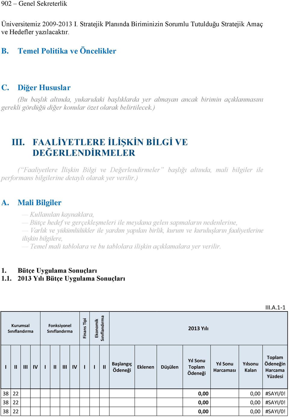 FAALİYETLERE İLİŞKİN BİLGİ VE DEĞERLENDİRMELER ( Faaliyetlere İlişkin Bilgi ve Değerlendirmeler başlığı altında, mali bilgiler ile performans bilgilerine detaylı olarak yer verilir.) A.