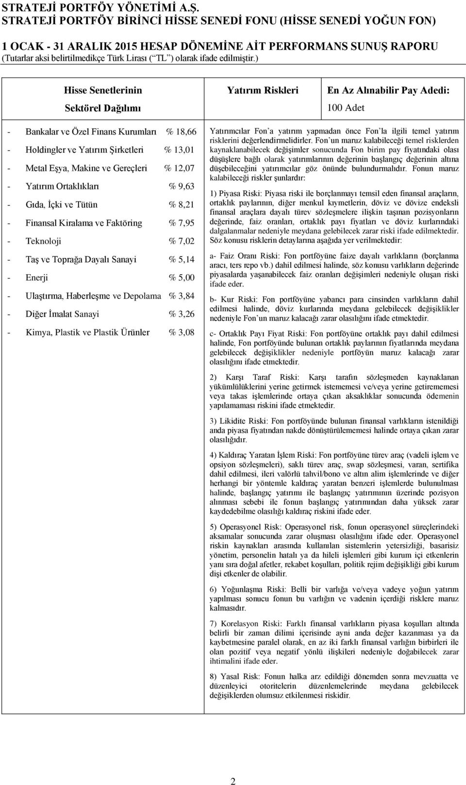 Ulaştırma, Haberleşme ve Depolama % 3,84 - Diğer İmalat Sanayi % 3,26 - Kimya, Plastik ve Plastik Ürünler % 3,08 Yatırımcılar Fon a yatırım yapmadan önce Fon la ilgili temel yatırım risklerini