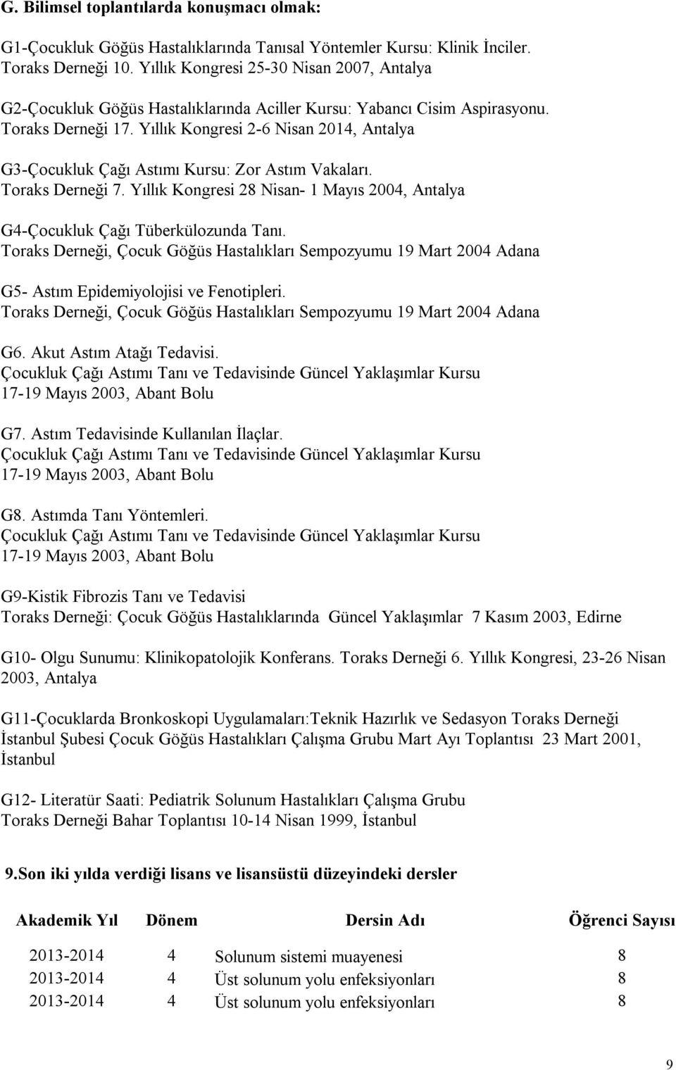 Yıllık Kongresi 2-6 Nisan 2014, Antalya G3-Çocukluk Çağı Astımı Kursu: Zor Astım Vakaları. Toraks Derneği 7. Yıllık Kongresi 28 Nisan- 1 Mayıs 2004, Antalya G4-Çocukluk Çağı Tüberkülozunda Tanı.