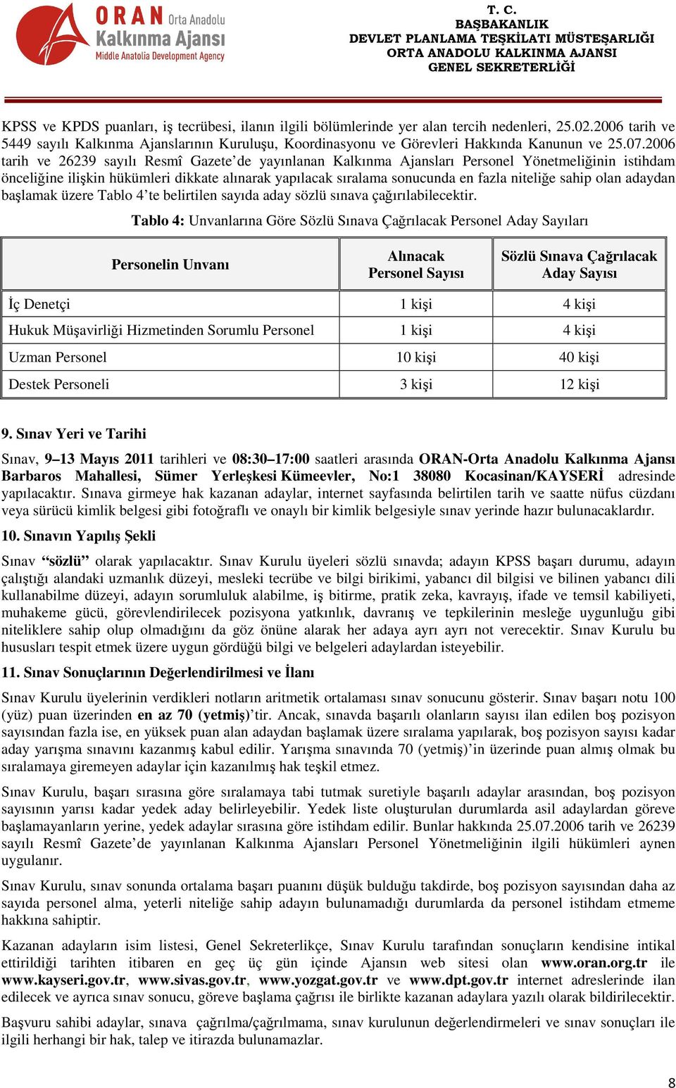 2006 tarih ve 26239 sayılı Resmî Gazete de yayınlanan Kalkınma Ajansları Personel Yönetmeliğinin istihdam önceliğine ilişkin hükümleri dikkate alınarak yapılacak sıralama sonucunda en fazla niteliğe