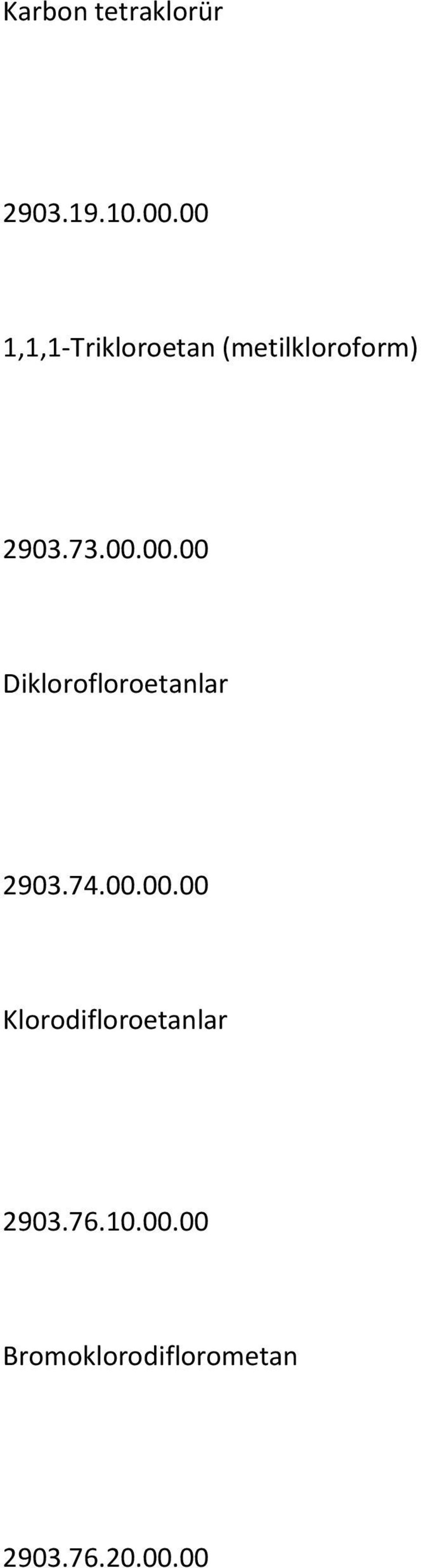 74.00.00.00 Klorodifloroetanlar 2903.76.10.00.00 Bromoklorodiflorometan 2903.