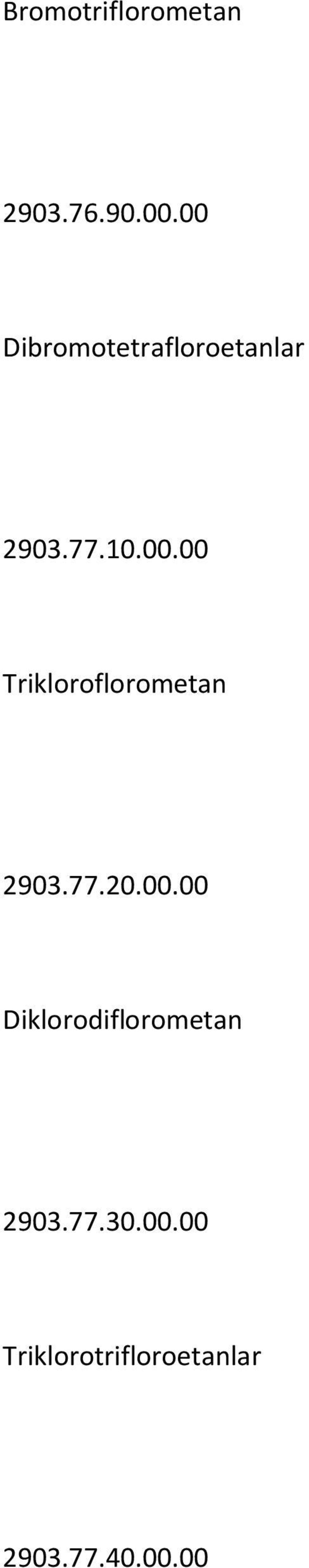 77.20.00.00 Diklorodiflorometan 2903.77.30.00.00 Triklorotrifloroetanlar 2903.