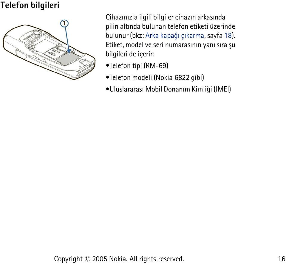 Etiket, model ve seri numarasýnýn yaný sýra þu bilgileri de içerir: Telefon tipi