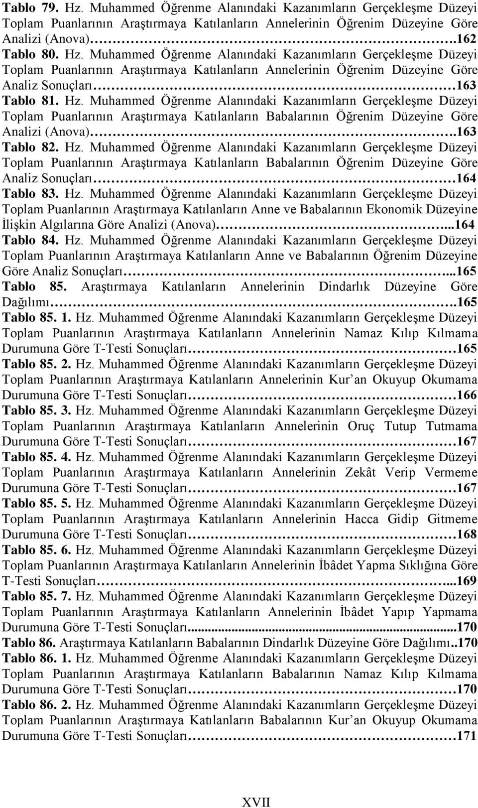 Muhammed Öğrenme Alanındaki Kazanımların Gerçekleşme Düzeyi Toplam Puanlarının Araştırmaya Katılanların Babalarının Öğrenim Düzeyine Göre Analiz Sonuçları 164 Tablo 83. Hz.