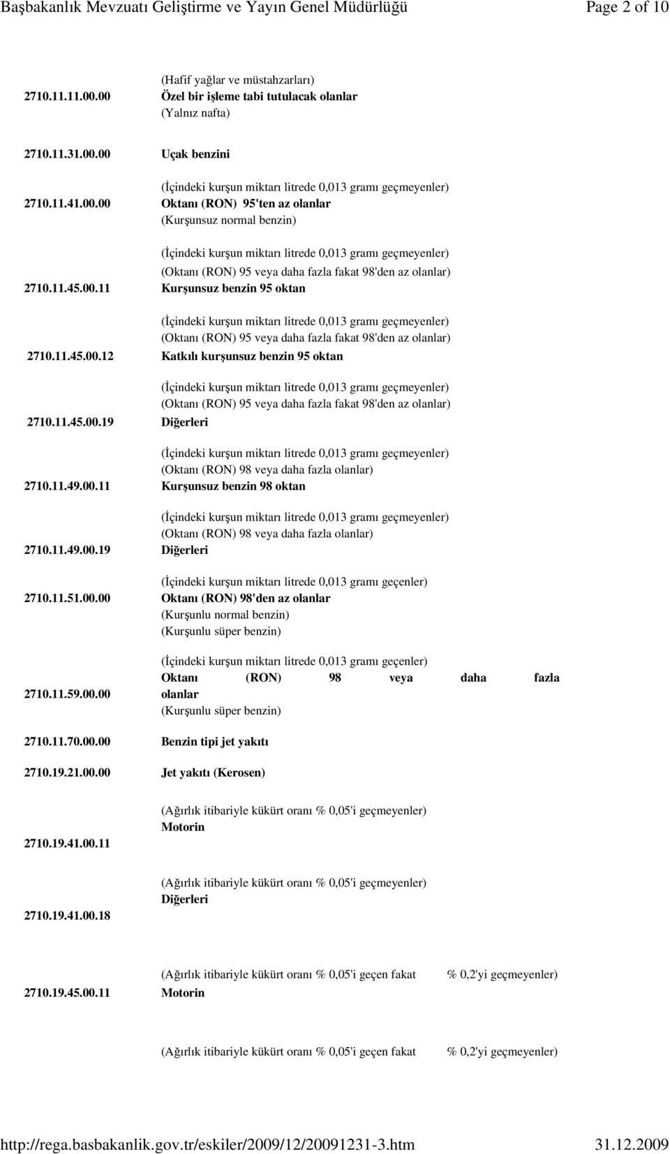 11.49.00.11 Kurşunsuz benzin 98 oktan (Oktanı (RON) 98 veya daha fazla olanlar) 2710.11.49.00.19 (İçindeki kurşun miktarı litrede 0,013 gramı geçenler) 2710.11.51.00.00 Oktanı (RON) 98'den az olanlar (Kurşunlu normal benzin) (Kurşunlu süper benzin) 2710.
