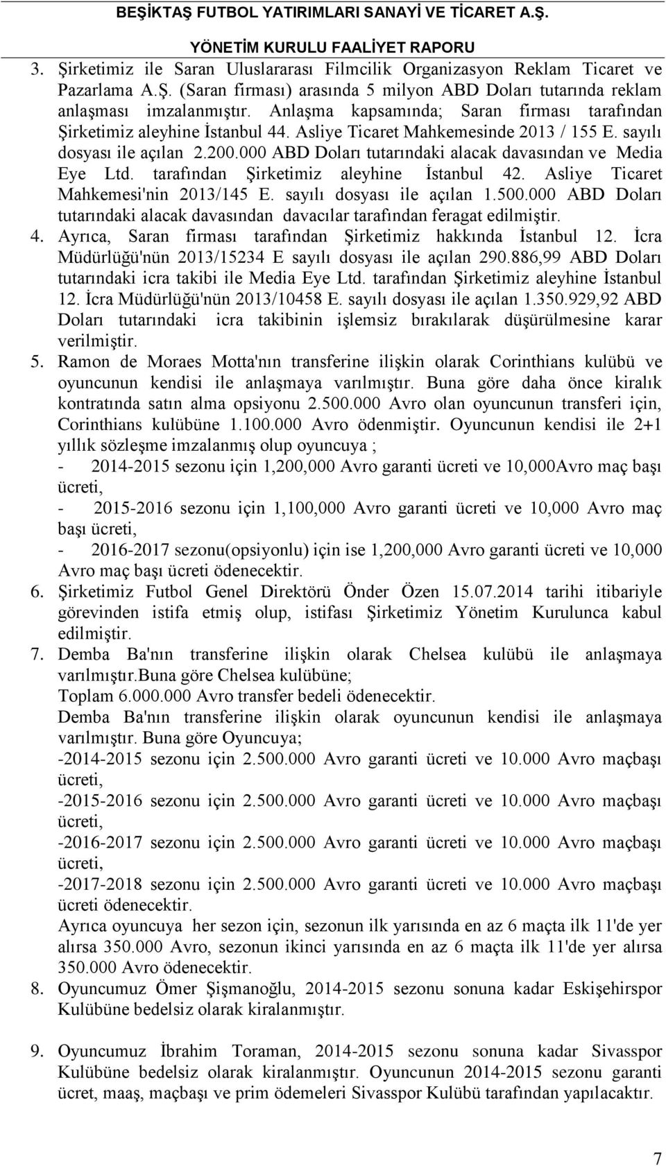 000 ABD Doları tutarındaki alacak davasından ve Media Eye Ltd. tarafından Şirketimiz aleyhine İstanbul 42. Asliye Ticaret Mahkemesi'nin 2013/145 E. sayılı dosyası ile açılan 1.500.