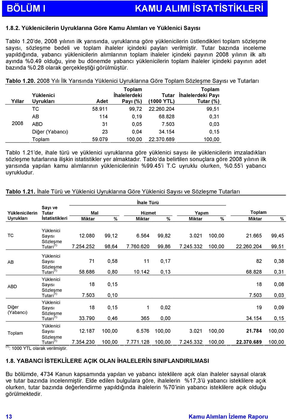 Tutar bazında inceleme yapıldığında, yabancı yüklenicilerin alımlarının toplam ihaleler içindeki payının 2008 yılının ilk altı ayında %0.