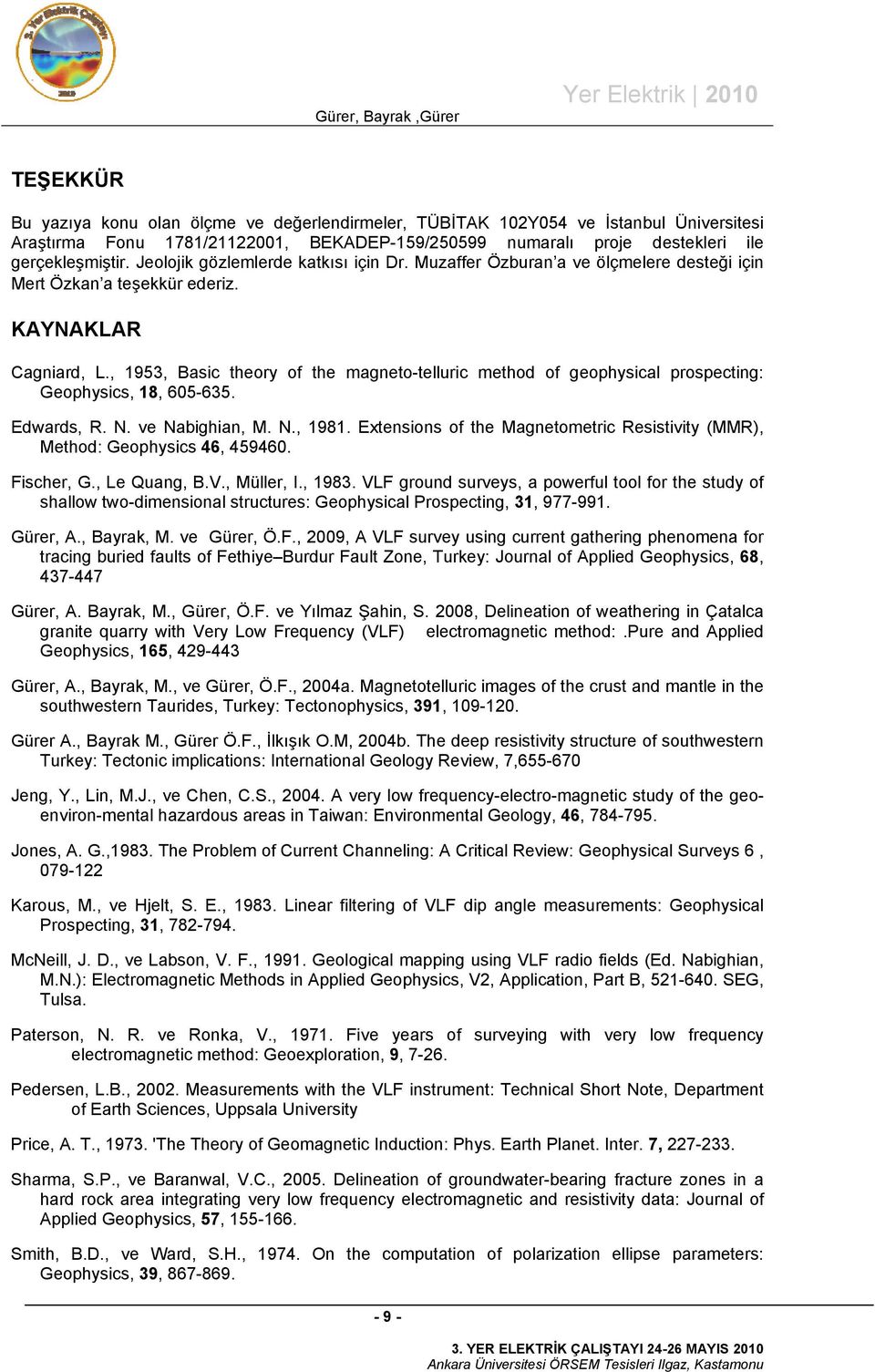 , 1953, Basic theory of the magneto-telluric method of geophysical prospecting: Geophysics, 18, 605-635. Edwards, R. N. ve Nabighian, M. N., 1981.