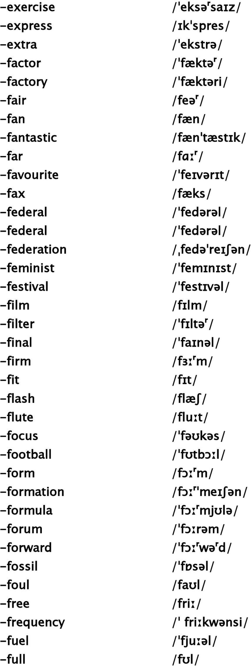 -filter /ˈfɪltəʳ/ -final /ˈfaɪnəl/ -firm /fɜːʳm/ -fit /fɪt/ -flash /flæʃ/ -flute /fluːt/ -focus /ˈfəʊkəs/ -football /ˈfʊtbɔːl/ -form /fɔːʳm/ -formation