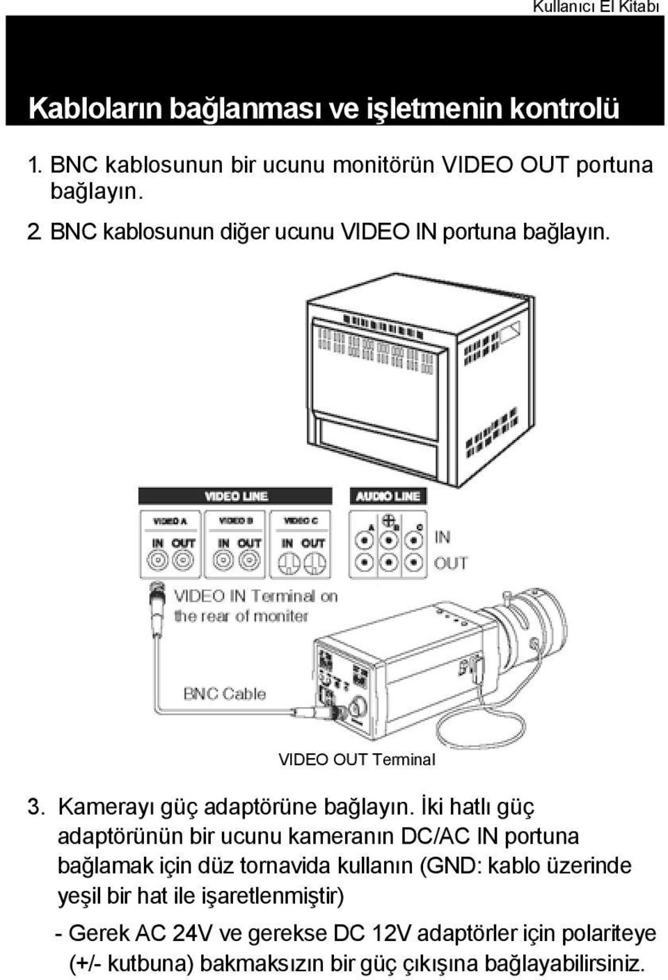 İki hatlı güç adaptörünün bir ucunu kameranın DC/AC IN portuna bağlamak için düz tornavida kullanın (GND: kablo üzerinde