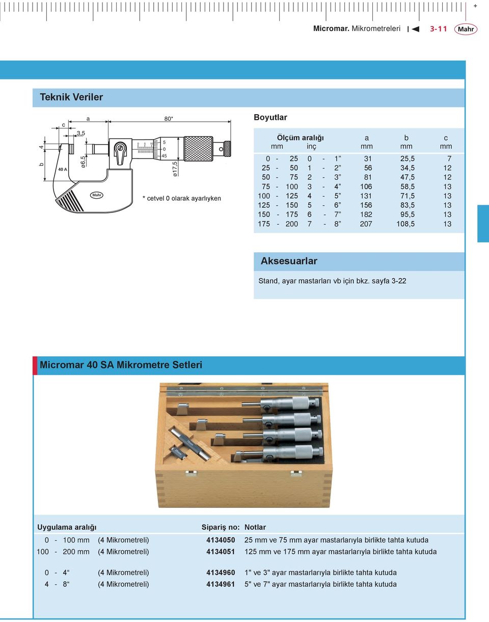 sayfa 3-22 Micromar 4 SA Mikrometre Setleri Uygulama aralığı Notlar - 1 mm (4 Mikrometreli) 4134 2 mm ve 7 mm ayar mastarlarıyla birlikte tahta kutuda 1-2 mm (4