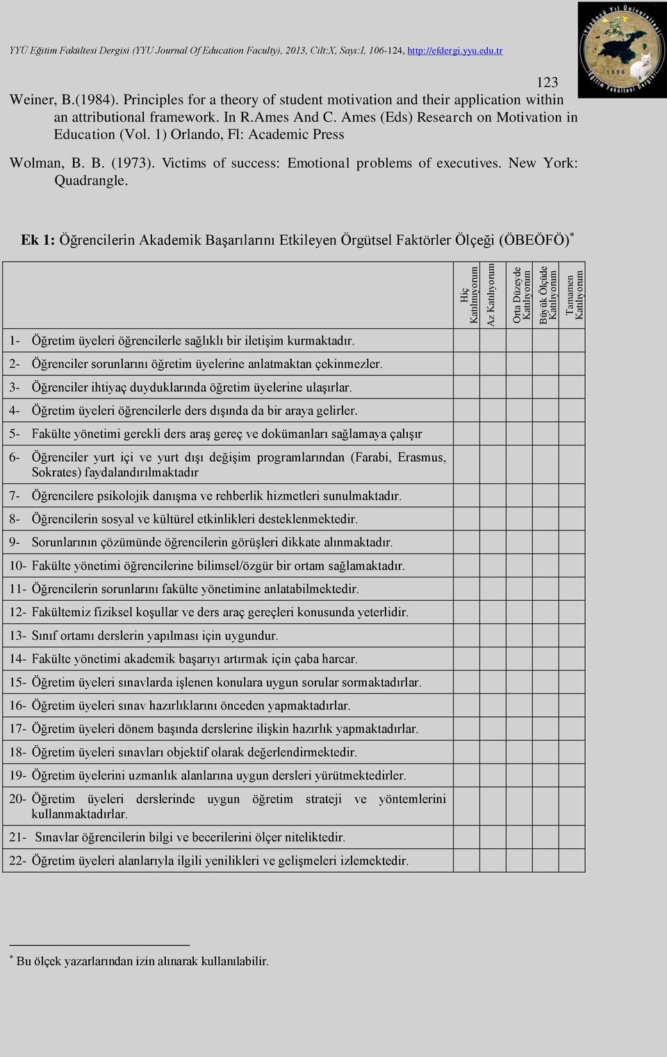 Ek 1: Öğrencilerin Akademik Başarılarını Etkileyen Örgütsel Faktörler Ölçeği (ÖBEÖFÖ) 1- Öğretim üyeleri öğrencilerle sağlıklı bir iletişim kurmaktadır.