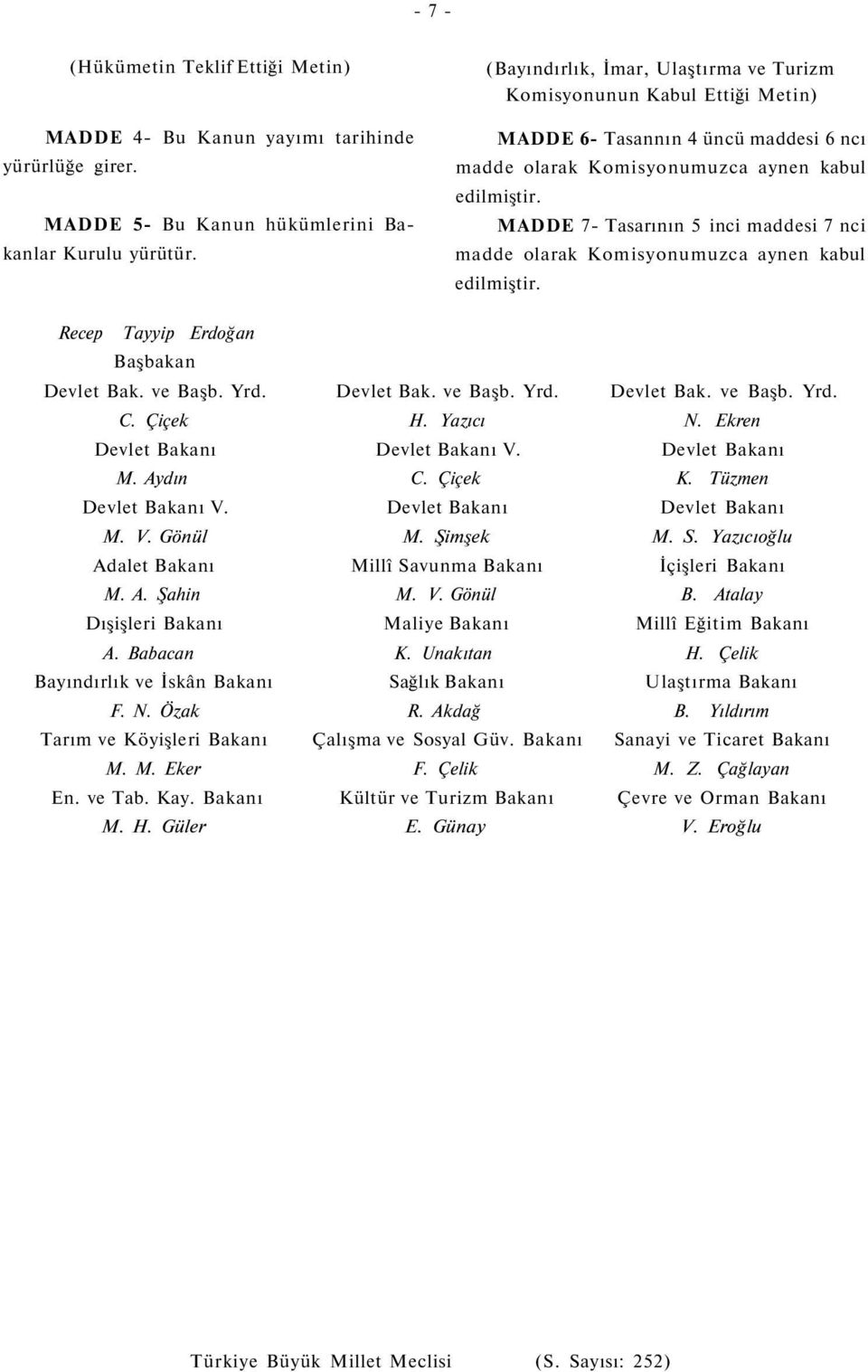 MADDE 7- Tasarının 5 inci maddesi 7 nci madde olarak Komisyonumuzca aynen kabul edilmiştir. Recep Tayyip Erdoğan Başbakan Devlet Bak. ve Başb. Yrd. Devlet Bak. ve Başb. Yrd. Devlet Bak. ve Başb. Yrd. C.