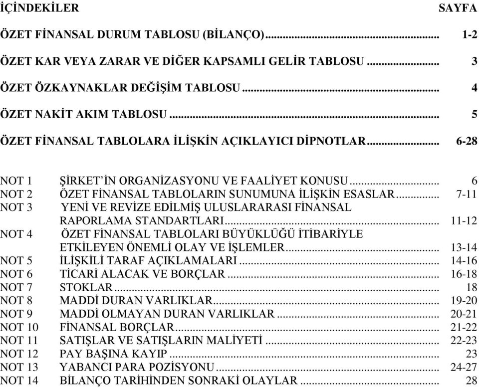 .. 7-11 NOT 3 YENİ VE REVİZE EDİLMİŞ ULUSLARARASI FİNANSAL RAPORLAMA STANDARTLARI... 11-12 NOT 4 ÖZET FİNANSAL TABLOLARI BÜYÜKLÜĞÜ İTİBARİYLE ETKİLEYEN ÖNEMLİ OLAY VE İŞLEMLER.