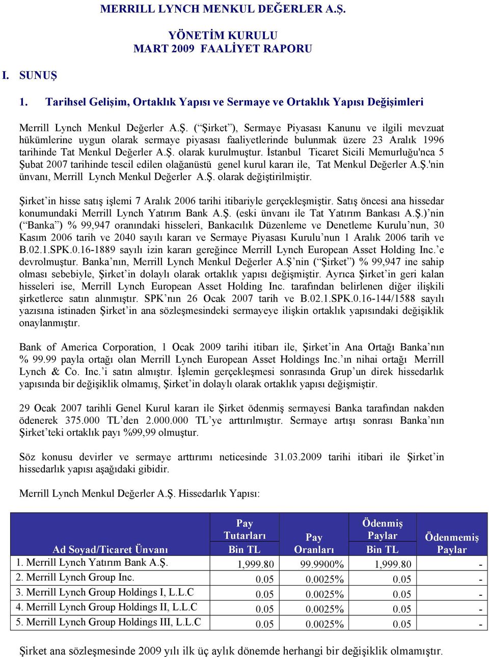 1. Tarihsel Gelişim, Ortaklık Yapısı ve Sermaye ve Ortaklık Yapısı Değişimleri Merrill Lynch Menkul Değerler A.Ş.